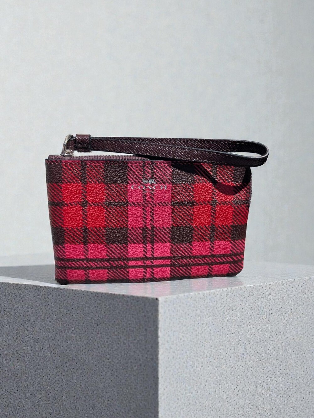 Coach Corner Zip Wristlet With Shadow Plaid Print (Coach F23632) (Nwt)